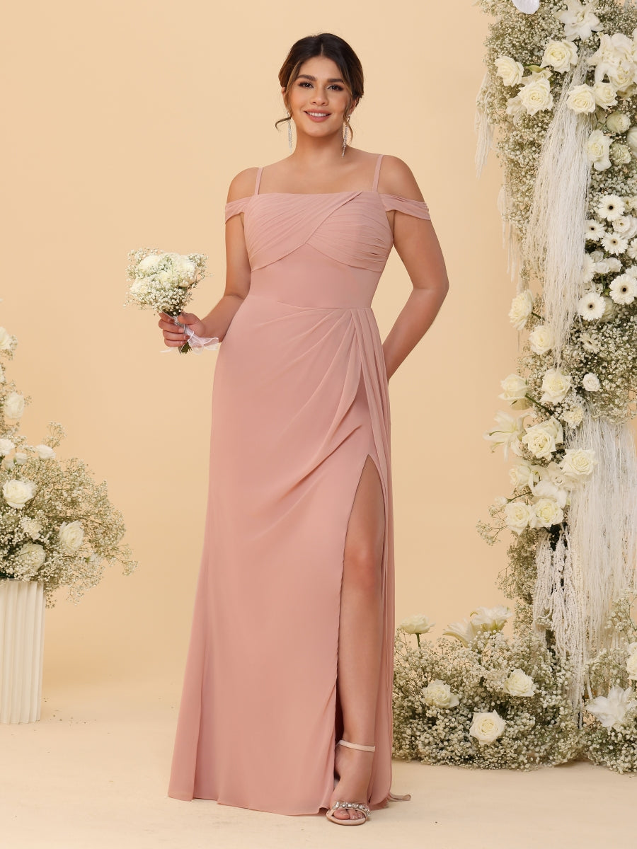 Sheath/Column Off-the-Shoulder Spaghetti Straps Plus Size  Bridesmaid Dresses With Side Slit