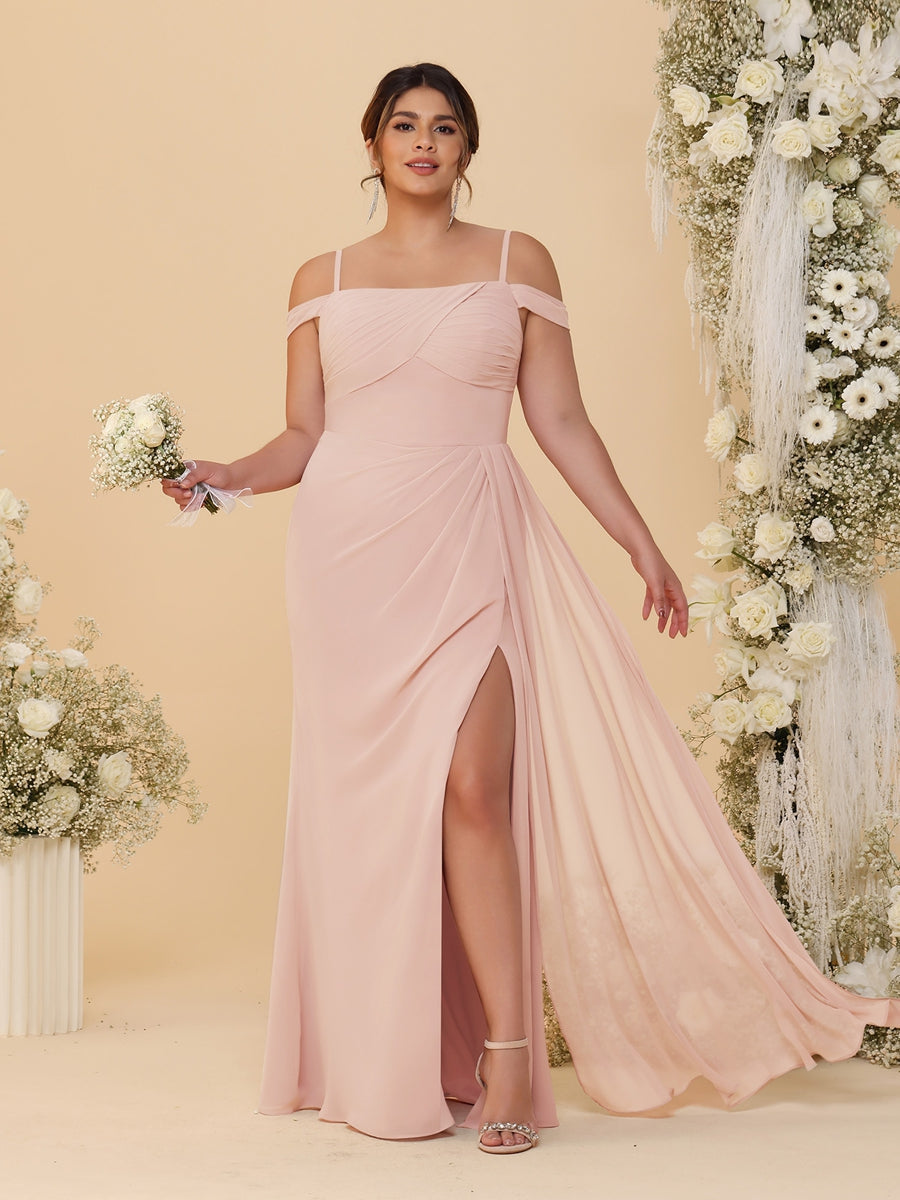 Sheath/Column Off-the-Shoulder Spaghetti Straps Plus Size  Bridesmaid Dresses With Side Slit