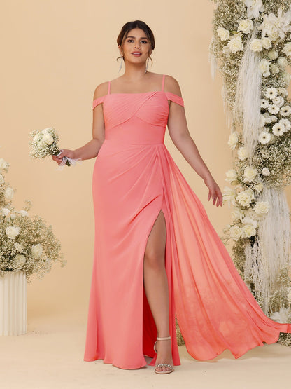 Sheath/Column Off-the-Shoulder Spaghetti Straps Plus Size  Bridesmaid Dresses With Side Slit