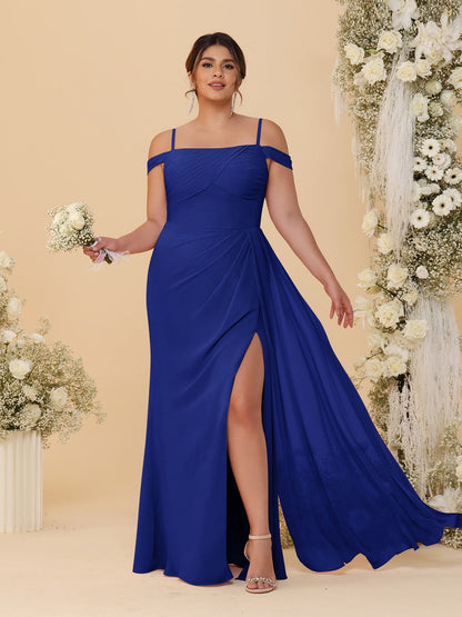 Sheath/Column Off-the-Shoulder Spaghetti Straps Plus Size  Bridesmaid Dresses With Side Slit