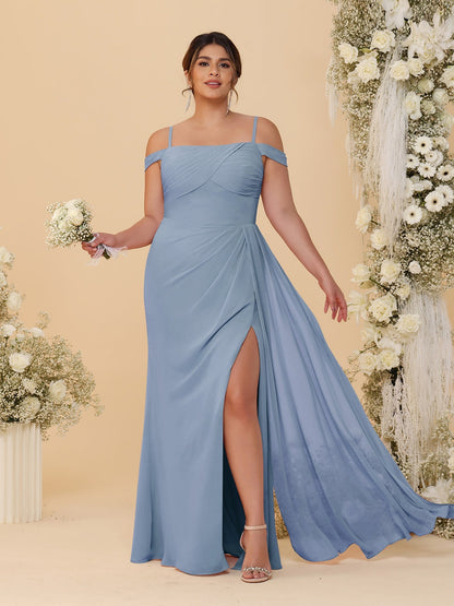 Sheath/Column Off-the-Shoulder Spaghetti Straps Plus Size  Bridesmaid Dresses With Side Slit