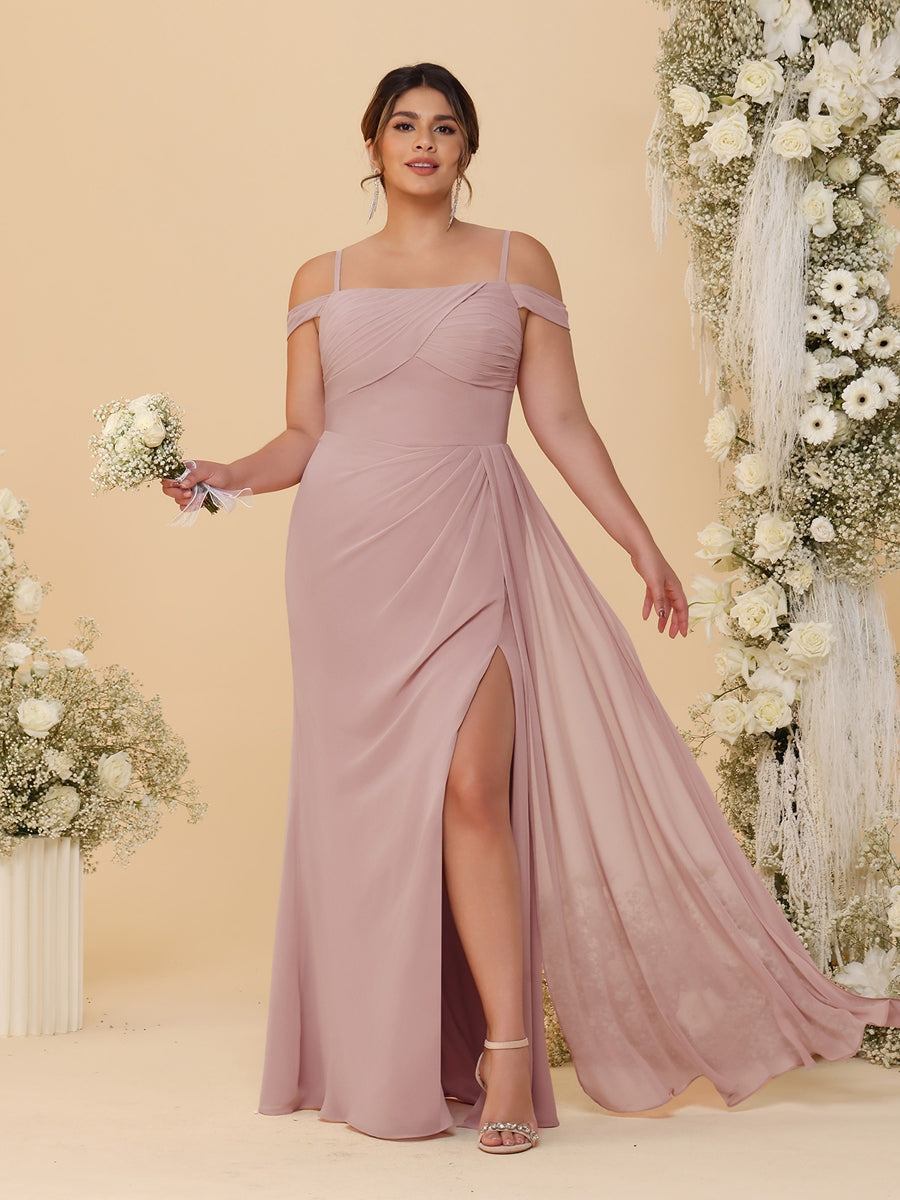 Sheath/Column Off-the-Shoulder Spaghetti Straps Plus Size  Bridesmaid Dresses With Side Slit