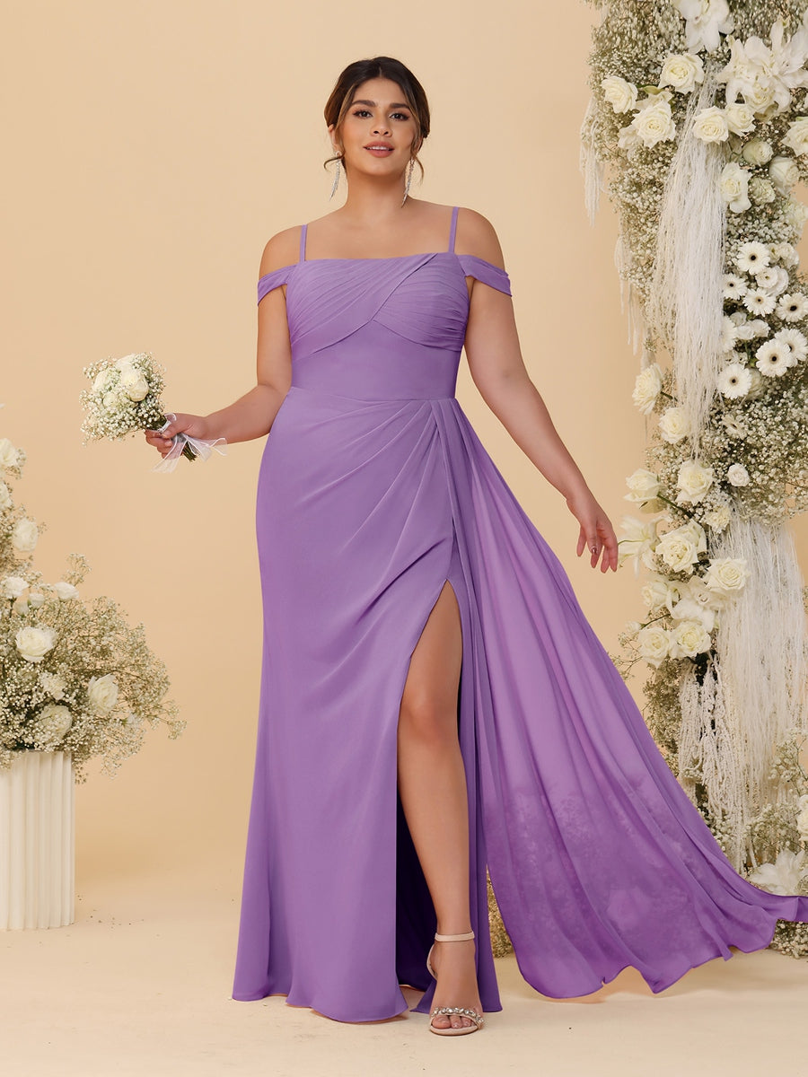 Sheath/Column Off-the-Shoulder Spaghetti Straps Plus Size  Bridesmaid Dresses With Side Slit