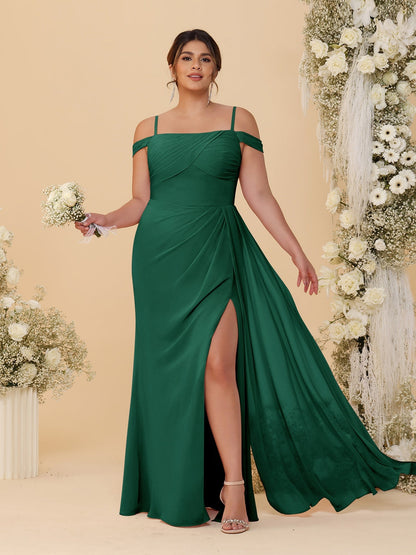 Sheath/Column Off-the-Shoulder Spaghetti Straps Plus Size  Bridesmaid Dresses With Side Slit