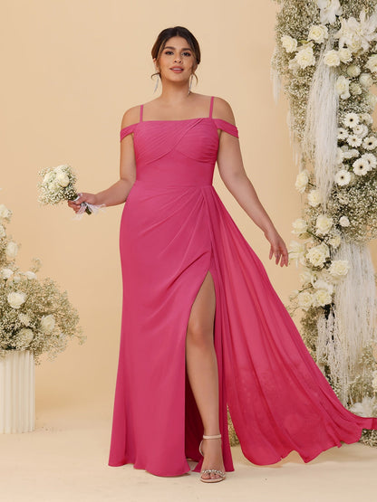 Sheath/Column Off-the-Shoulder Spaghetti Straps Plus Size  Bridesmaid Dresses With Side Slit