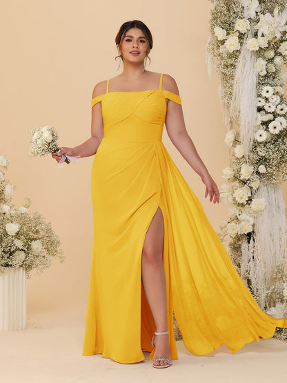 Sheath/Column Off-the-Shoulder Spaghetti Straps Plus Size  Bridesmaid Dresses With Side Slit