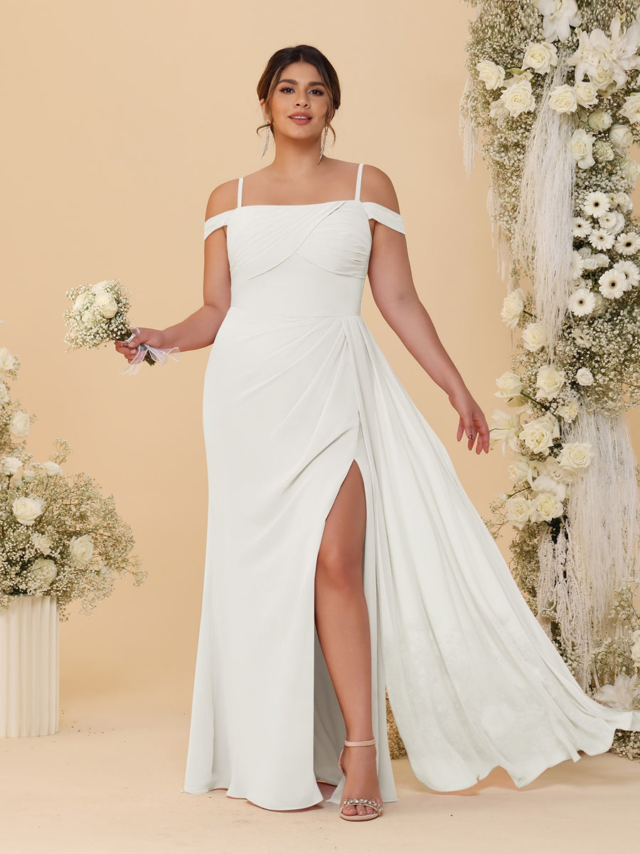 Sheath/Column Off-the-Shoulder Spaghetti Straps Plus Size  Bridesmaid Dresses With Side Slit