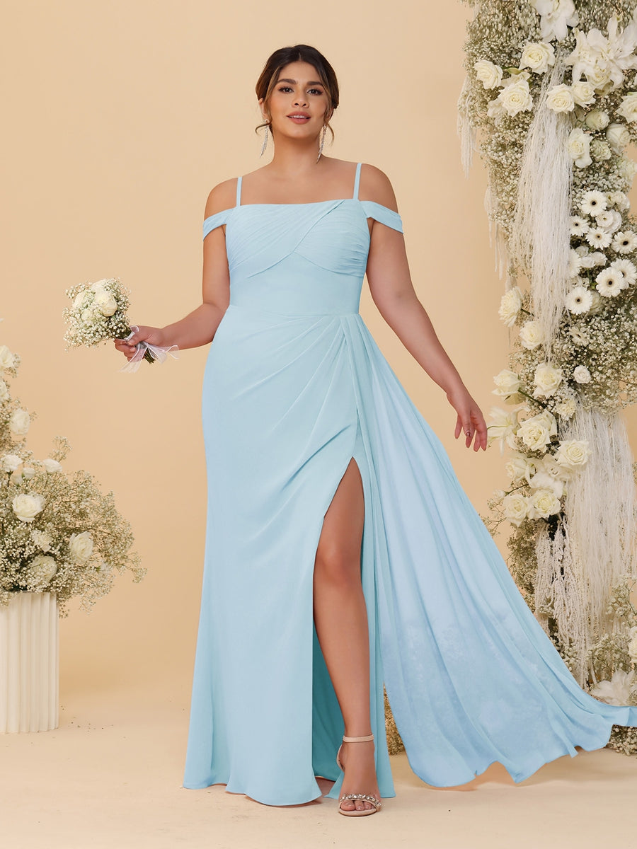 Sheath/Column Off-the-Shoulder Spaghetti Straps Plus Size  Bridesmaid Dresses With Side Slit