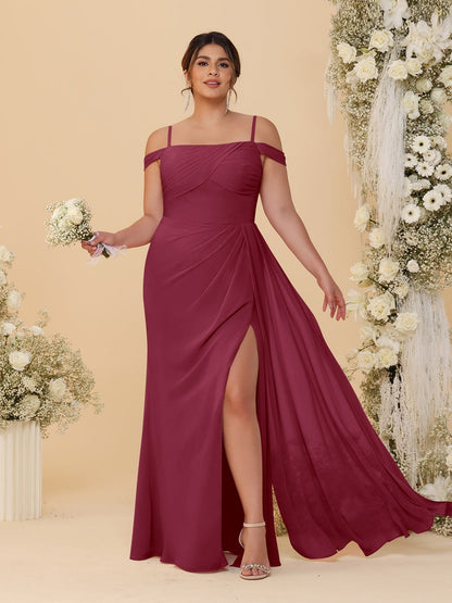 Sheath/Column Off-the-Shoulder Spaghetti Straps Plus Size  Bridesmaid Dresses With Side Slit