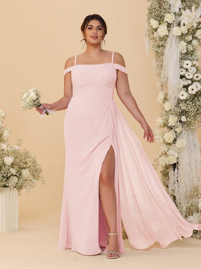 Sheath/Column Off-the-Shoulder Spaghetti Straps Plus Size  Bridesmaid Dresses With Side Slit