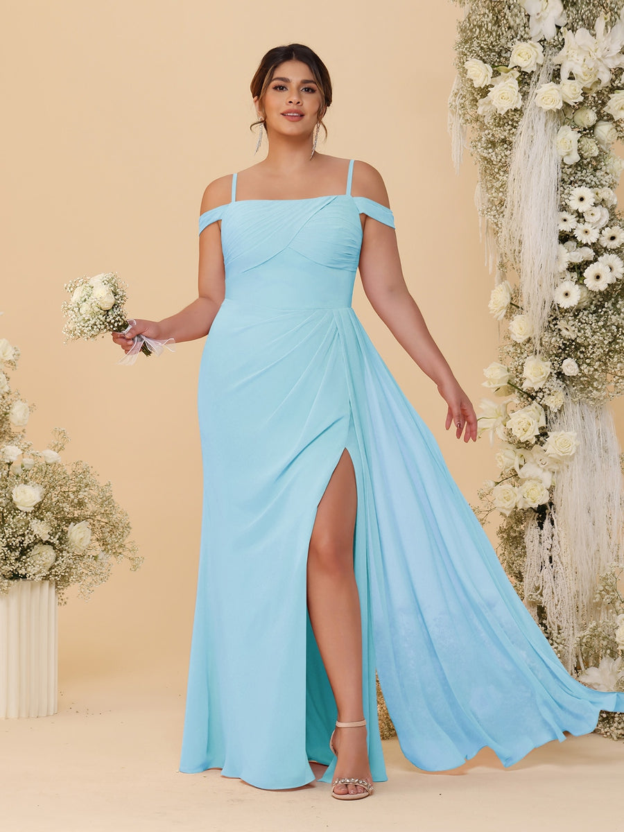 Sheath/Column Off-the-Shoulder Spaghetti Straps Plus Size  Bridesmaid Dresses With Side Slit