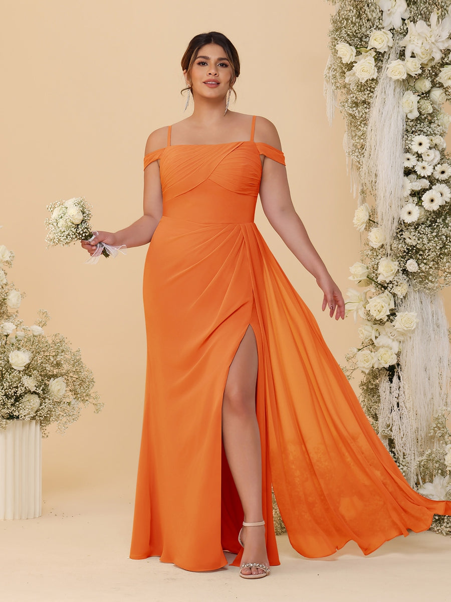 Sheath/Column Off-the-Shoulder Spaghetti Straps Plus Size  Bridesmaid Dresses With Side Slit