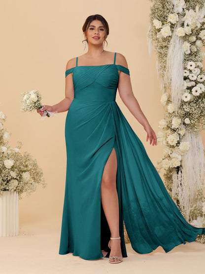 Sheath/Column Off-the-Shoulder Spaghetti Straps Plus Size  Bridesmaid Dresses With Side Slit