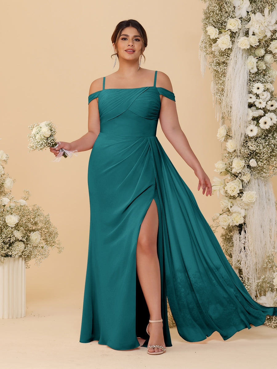 Sheath/Column Off-the-Shoulder Spaghetti Straps Plus Size  Bridesmaid Dresses With Side Slit