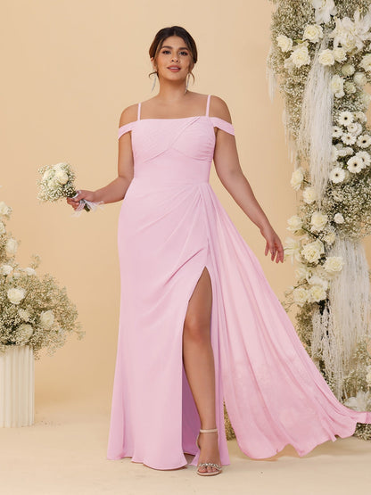 Sheath/Column Off-the-Shoulder Spaghetti Straps Plus Size  Bridesmaid Dresses With Side Slit