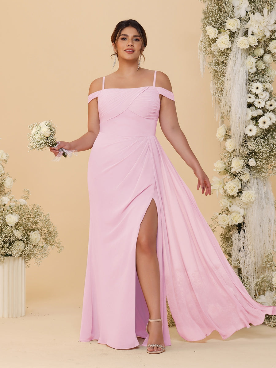 Sheath/Column Off-the-Shoulder Spaghetti Straps Plus Size  Bridesmaid Dresses With Side Slit