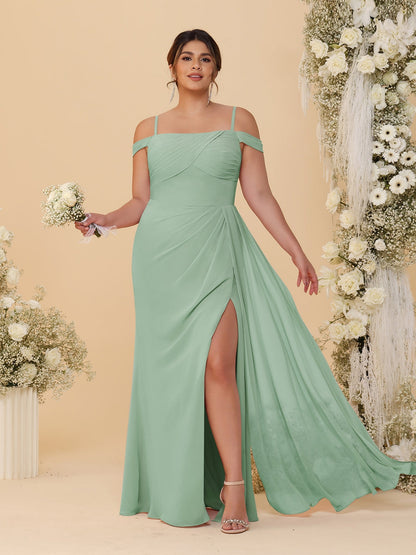 Sheath/Column Off-the-Shoulder Spaghetti Straps Plus Size  Bridesmaid Dresses With Side Slit