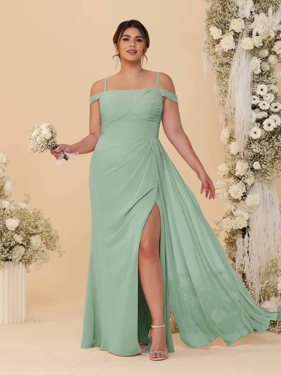 Sheath/Column Off-the-Shoulder Spaghetti Straps Plus Size  Bridesmaid Dresses With Side Slit