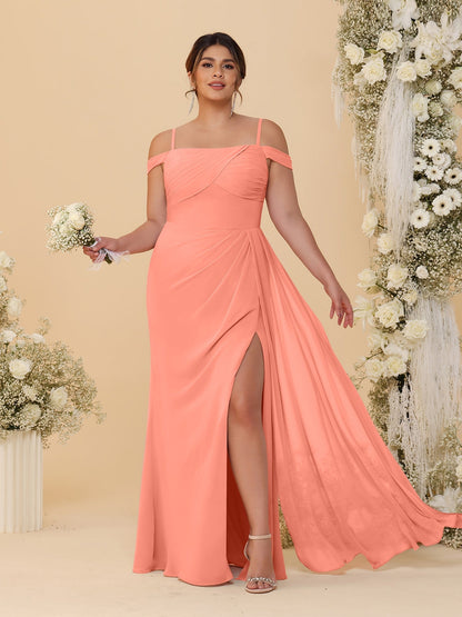 Sheath/Column Off-the-Shoulder Spaghetti Straps Plus Size  Bridesmaid Dresses With Side Slit