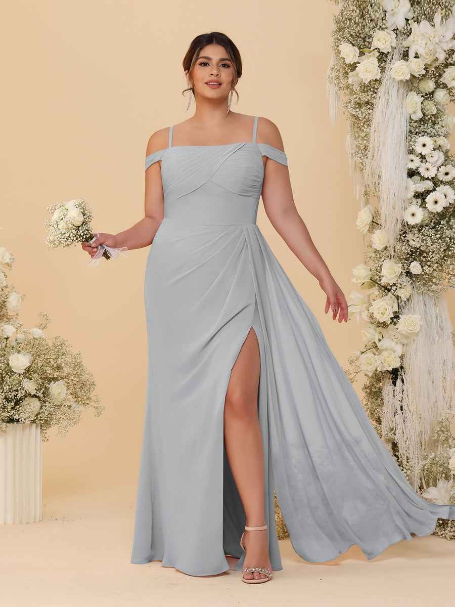 Sheath/Column Off-the-Shoulder Spaghetti Straps Plus Size  Bridesmaid Dresses With Side Slit