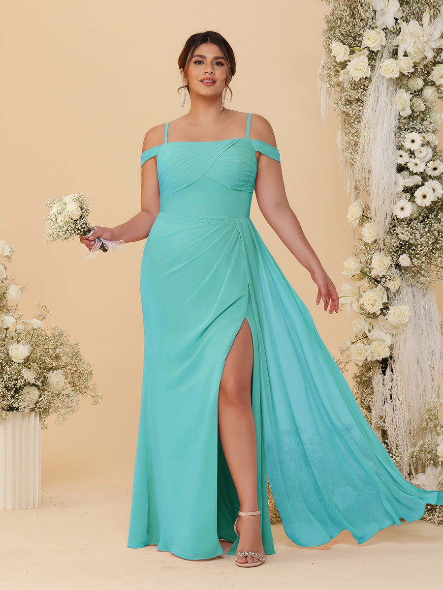 Sheath/Column Off-the-Shoulder Spaghetti Straps Plus Size  Bridesmaid Dresses With Side Slit