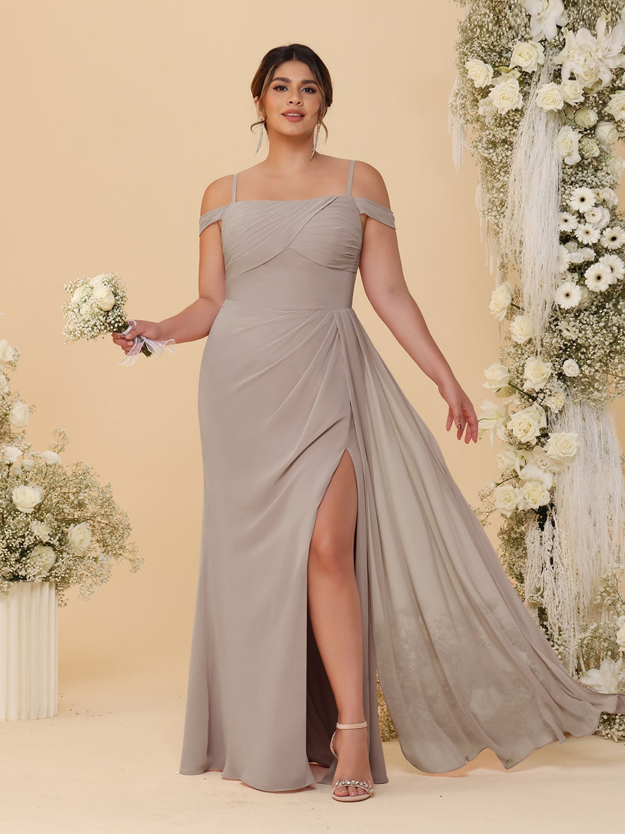 Sheath/Column Off-the-Shoulder Spaghetti Straps Plus Size  Bridesmaid Dresses With Side Slit