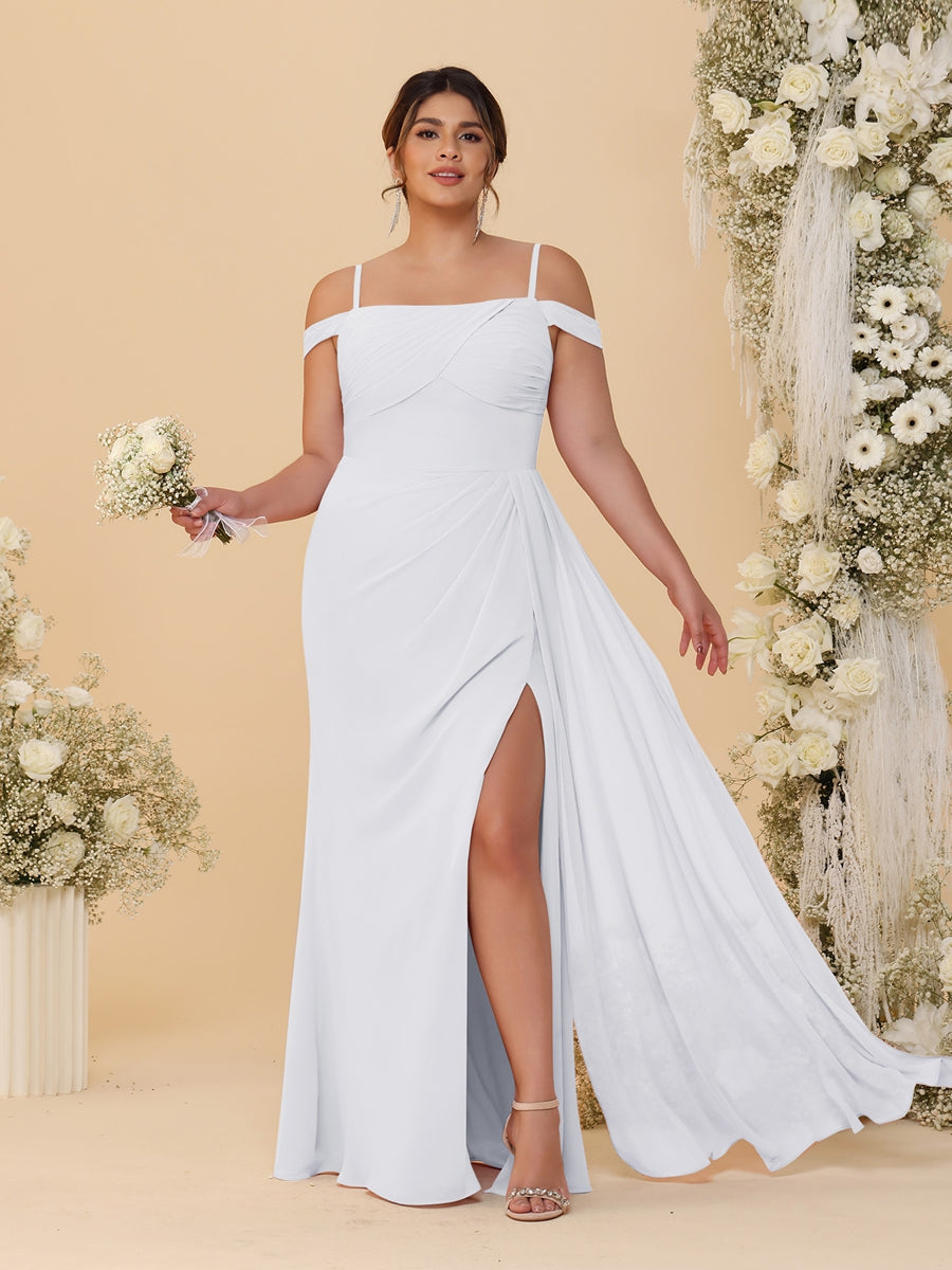 Sheath/Column Off-the-Shoulder Spaghetti Straps Plus Size  Bridesmaid Dresses With Side Slit