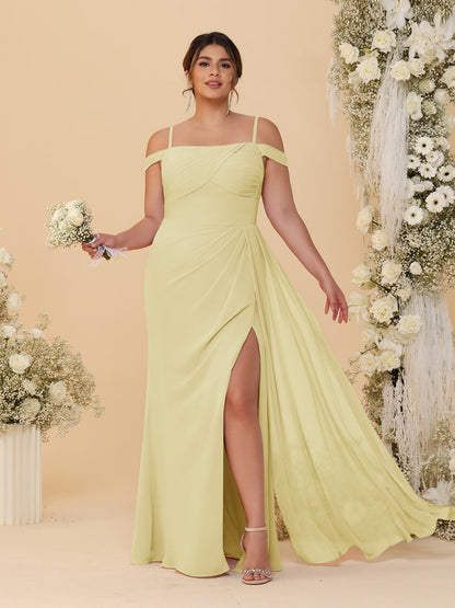 Sheath/Column Off-the-Shoulder Spaghetti Straps Plus Size  Bridesmaid Dresses With Side Slit
