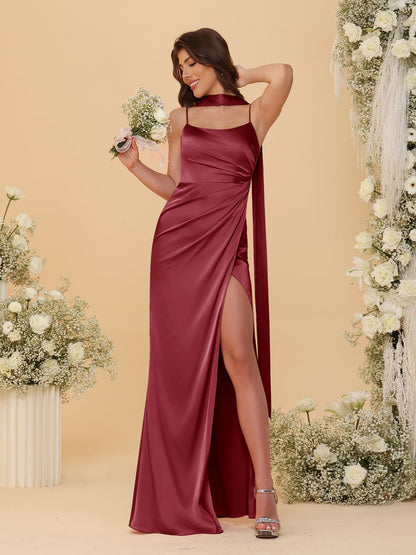 Sheath/Column Spaghetti Straps Sleeveless Floor-Length Ruched Bridesmaid Dresses With Neck Scarf & Split Side