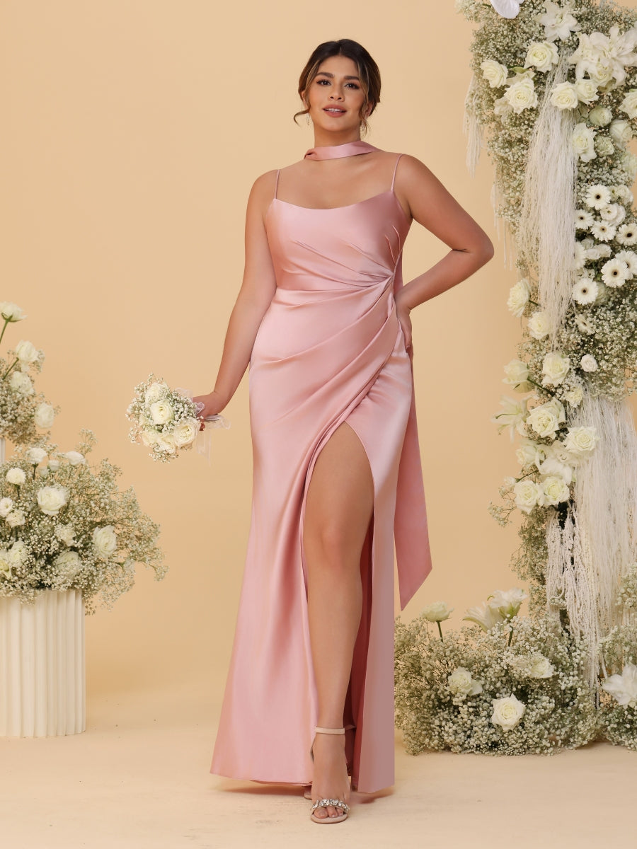 Sheath/Column Spaghetti Straps Sleeveless Floor-Length Ruched  Bridesmaid Dresses With Neck Scarf & Split Side