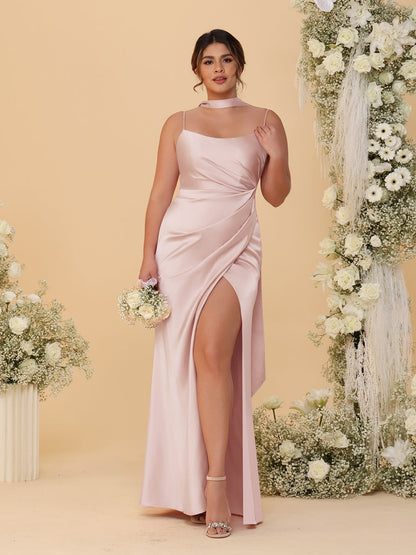 Sheath/Column Spaghetti Straps Sleeveless Floor-Length Ruched  Bridesmaid Dresses With Neck Scarf & Split Side