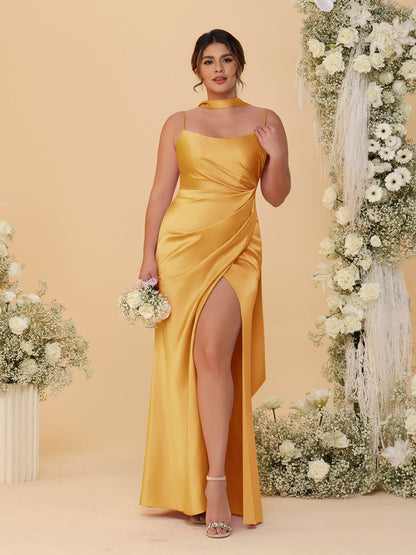 Sheath/Column Spaghetti Straps Sleeveless Floor-Length Ruched  Bridesmaid Dresses With Neck Scarf & Split Side