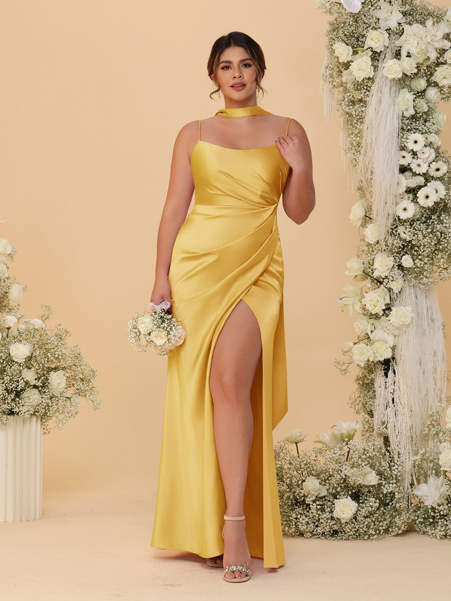 Sheath/Column Spaghetti Straps Sleeveless Floor-Length Ruched  Bridesmaid Dresses With Neck Scarf & Split Side