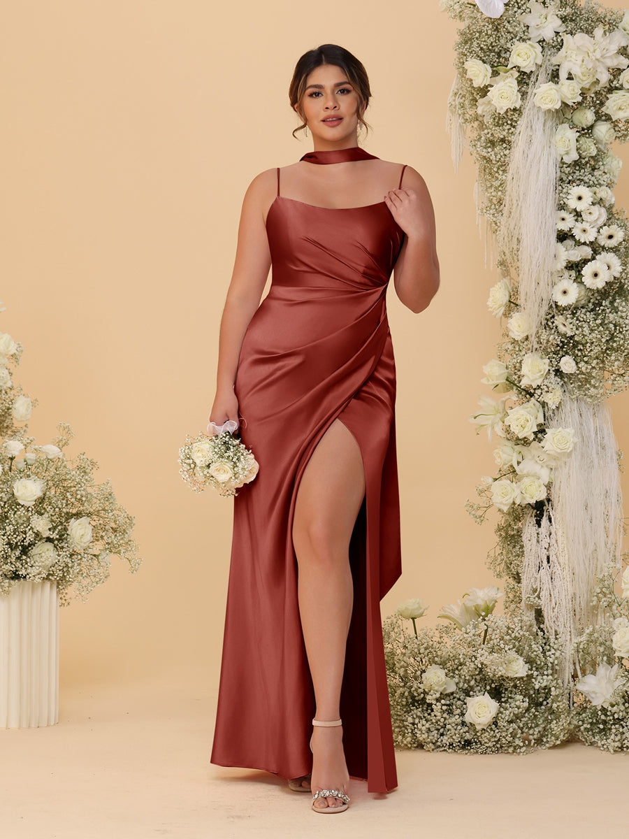 Sheath/Column Spaghetti Straps Sleeveless Floor-Length Ruched  Bridesmaid Dresses With Neck Scarf & Split Side