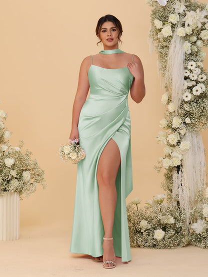 Sheath/Column Spaghetti Straps Sleeveless Floor-Length Ruched  Bridesmaid Dresses With Neck Scarf & Split Side