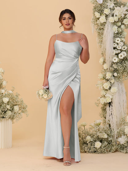 Sheath/Column Spaghetti Straps Sleeveless Floor-Length Ruched  Bridesmaid Dresses With Neck Scarf & Split Side