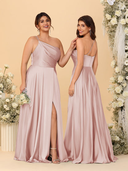 A-Line/Princess Spaghetti Straps Sleeveless Long Ruched Bridesmaid Dresses With Split Side