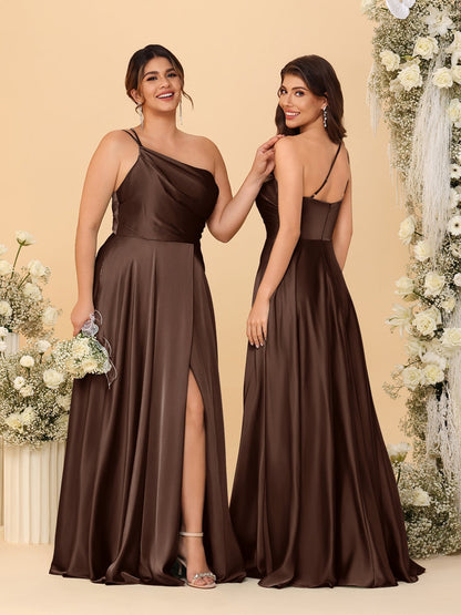 A-Line/Princess Spaghetti Straps Sleeveless Long Ruched Bridesmaid Dresses With Split Side