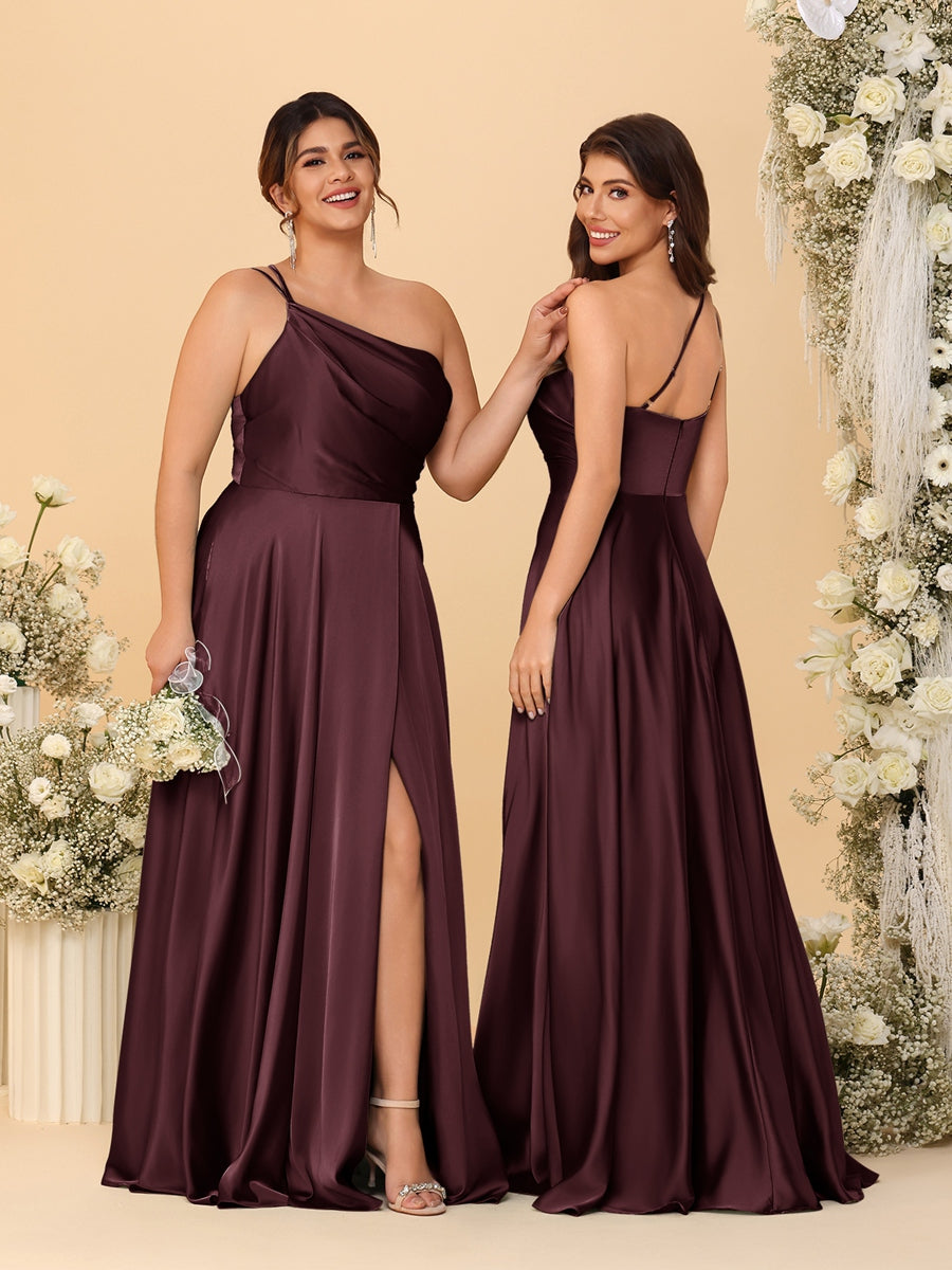 A-Line/Princess Spaghetti Straps Sleeveless Long Ruched Bridesmaid Dresses With Split Side