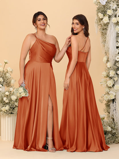 A-Line/Princess Spaghetti Straps Sleeveless Long Ruched Bridesmaid Dresses With Split Side