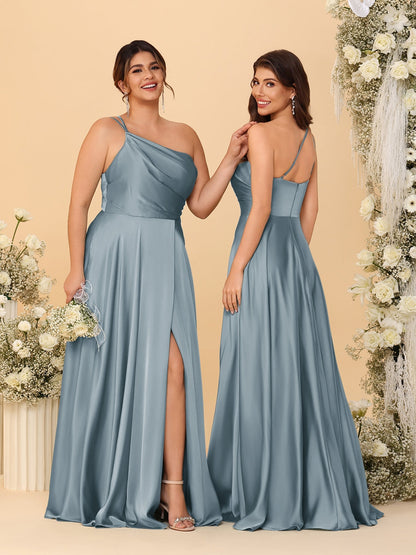 A-Line/Princess Spaghetti Straps Sleeveless Long Ruched Bridesmaid Dresses With Split Side