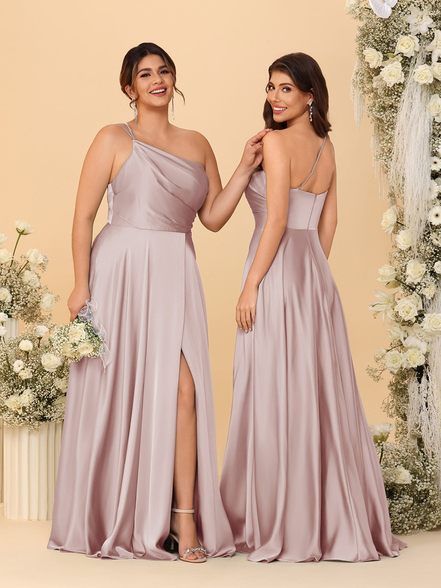 A-Line/Princess Spaghetti Straps Sleeveless Long Ruched Bridesmaid Dresses With Split Side