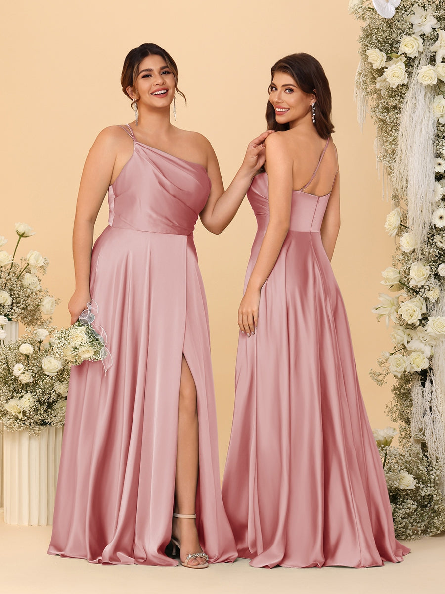 A-Line/Princess Spaghetti Straps Sleeveless Long Ruched Bridesmaid Dresses With Split Side