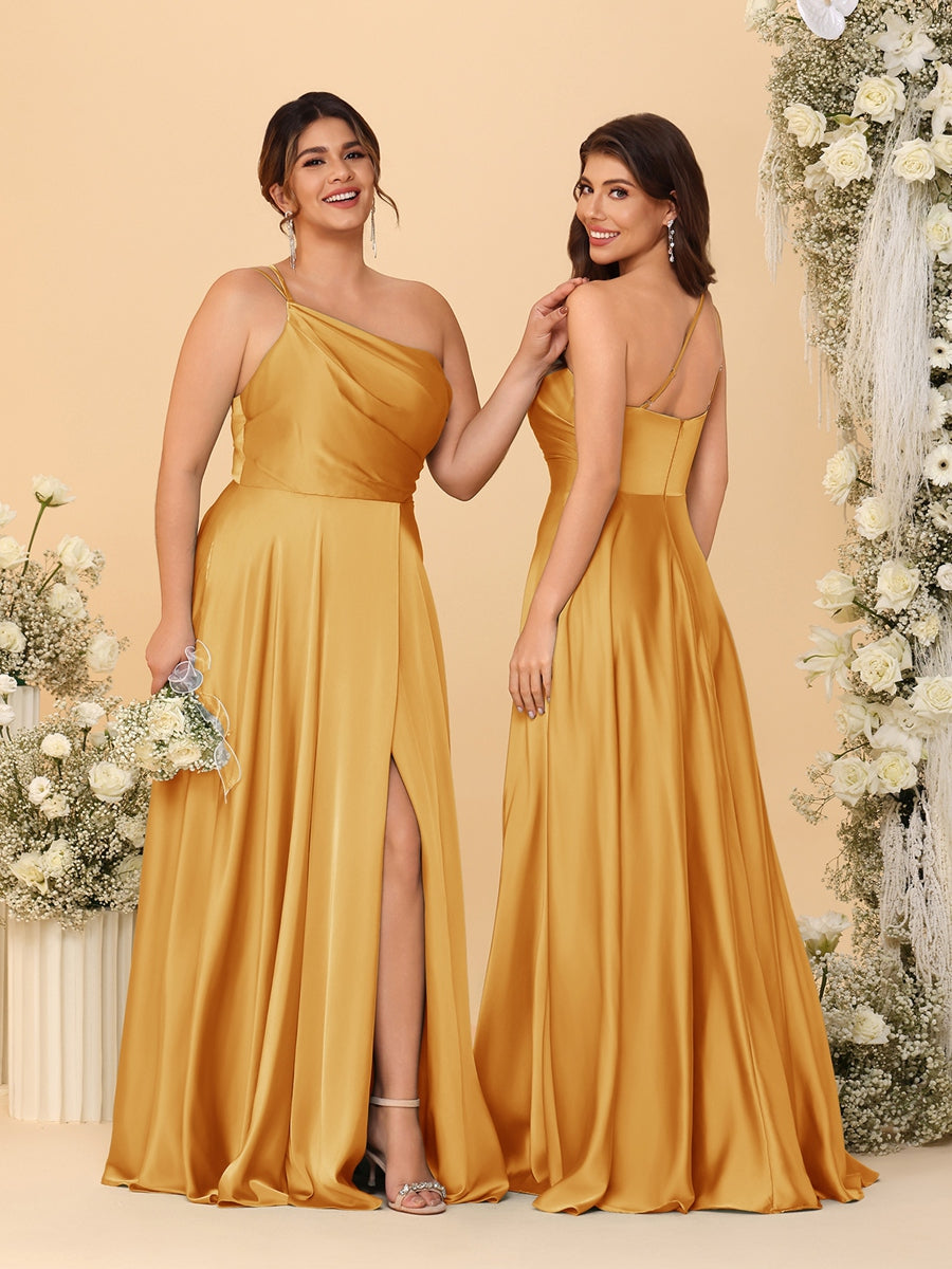 A-Line/Princess Spaghetti Straps Sleeveless Long Ruched Bridesmaid Dresses With Split Side