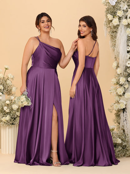 A-Line/Princess Spaghetti Straps Sleeveless Long Ruched Bridesmaid Dresses With Split Side