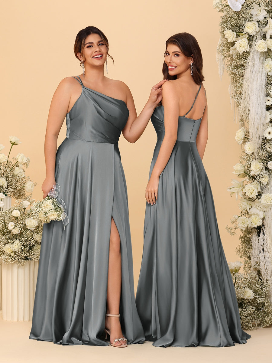 A-Line/Princess Spaghetti Straps Sleeveless Long Ruched Bridesmaid Dresses With Split Side