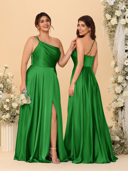 A-Line/Princess Spaghetti Straps Sleeveless Long Ruched Bridesmaid Dresses With Split Side