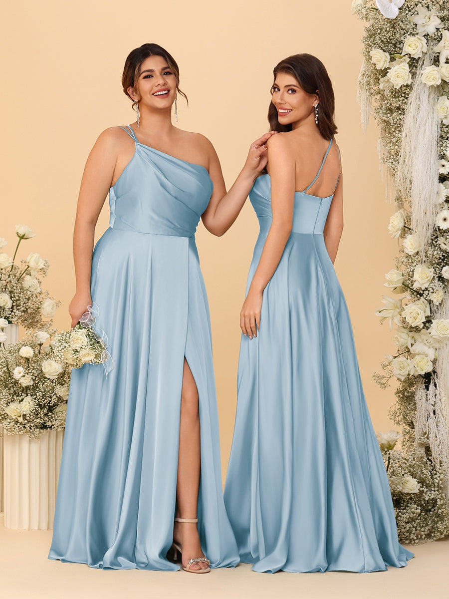 A-Line/Princess Spaghetti Straps Sleeveless Long Ruched Bridesmaid Dresses With Split Side