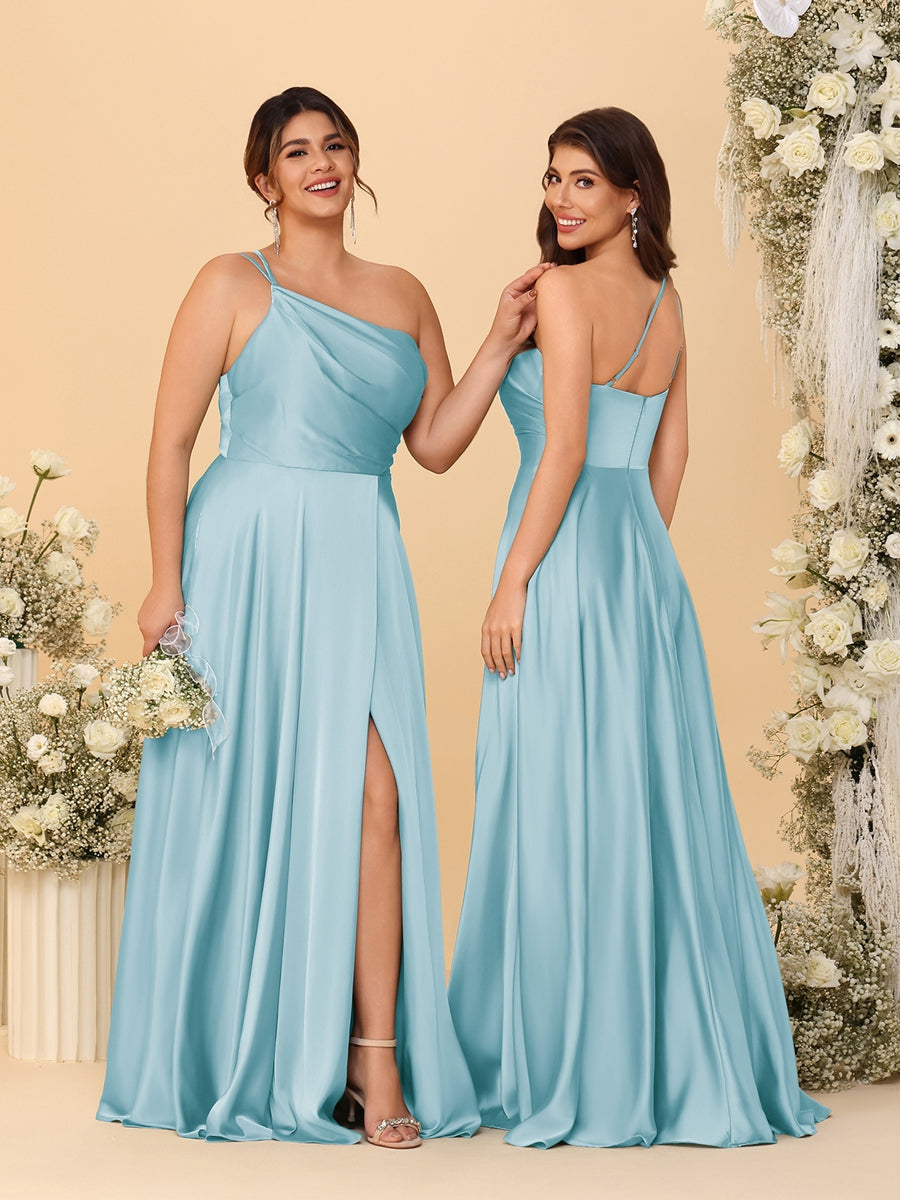 A-Line/Princess Spaghetti Straps Sleeveless Long Ruched Bridesmaid Dresses With Split Side
