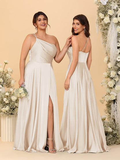 A-Line/Princess Spaghetti Straps Sleeveless Long Ruched Bridesmaid Dresses With Split Side
